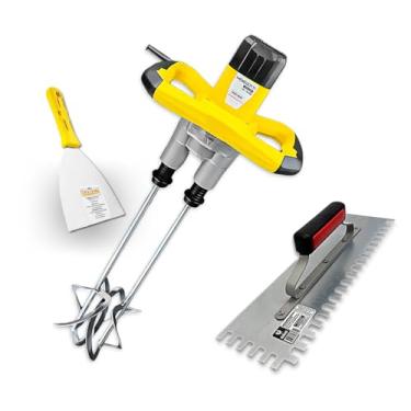 Imagem de Misturador Duplo 1800w Para Tinta Gesso Argamassa Cimento C/Desempenadeira Galo 307-04 Dentada Espátula Inoxidável Evolution 10 cm (4") Profissional Kit - 127V