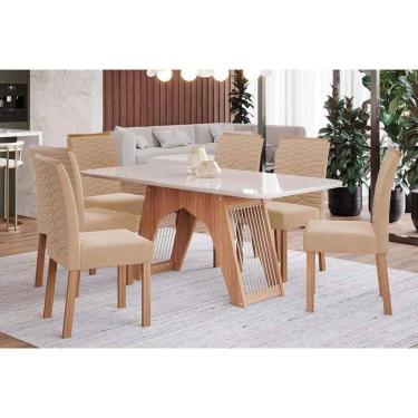 Imagem de Sala De Jantar Carol Tampo Madeirado Com Vidro 180x90cm E 6 Cadeiras Clarice Nature Madeirado Linho Bege Cimol