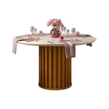 Imagem de Mesa Para Cozinha Viena Com Tampo Madeirado Com Vidro 136cm Freijó Off White Dj Móveis