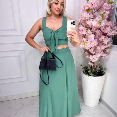 Imagem de Conjunto Cropped E Saia Viscolinho Feminino Liso E Estampado - NoBrand