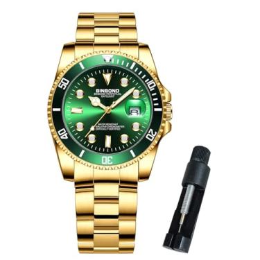 Imagem de BINBOND Relógio feminino com data, moderno, elegante, aço inoxidável, bisel giratório, presente à prova d'água, luminoso, Pulseira dourada com face verde, relógios femininos