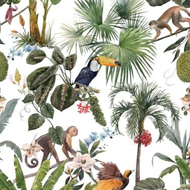 Imagem de YENHOME Papel de parede Zoo 43 cm x 600 cm papel de parede com estampa de animais da selva para cozinha banheiro removível macaco e pássaro papel de parede autoadesivo verde branco para armários