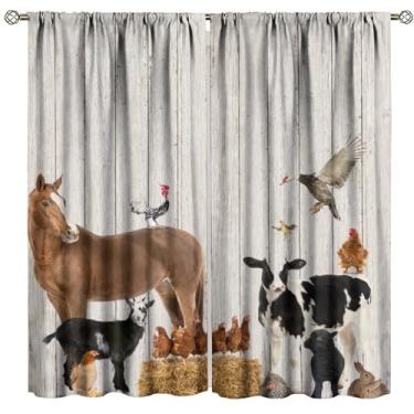 Imagem de Cortina de janela de fazenda, parede de madeira rústica, pequenos animais, cavalo, vaca, bolso para varão, para quarto, café, sala de jantar, escritório, sala de estar, cozinha, decoração, 107 x 114