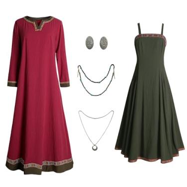 Imagem de Teyujosem Fantasia Viking feminina medieval avental vestido baixo colar broches fantasia camponesa (Z3790, 3GG)