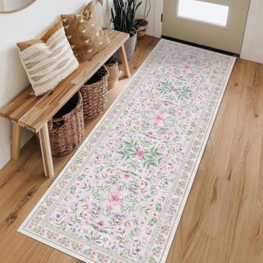Imagem de Tapete de área Boho lavável, 6 x 15 cm, roxo, verde, lilás, lavanda, floral, antiderrapante, macio, oriental, vintage, cozinha, entrada, quarto, corredores internos