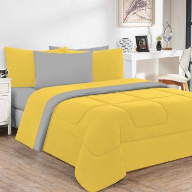 Imagem de Kit Edredom + Jogo De Lençol Malha 100% Algodão Gran Moratta 6 Peças Casal - Amarelo-cinza