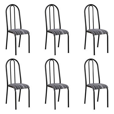 Imagem de Kit 6 Cadeiras De Cozinha Flórida Estampado Preto Listrado Pés De Ferro Preto