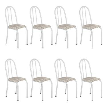 Imagem de Kit 8 Cadeiras De Cozinha Califórnia Estampado Rattan Bege Pés De Ferro Branco