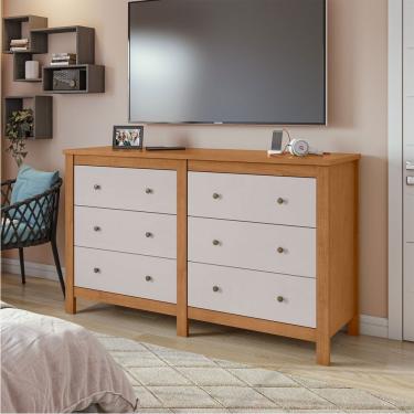 Imagem de Cômoda Maggiore 6 Gavetas em MDF com Puxador em Alumínio Amêndoa Clean com Off White Es...