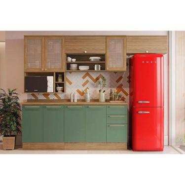 Imagem de Kit Cozinha Modulada 8 Peças Botanic 4 Aéreos + 2 Balcões+ 2 Complementos M665 Nogueira Verde Oliva