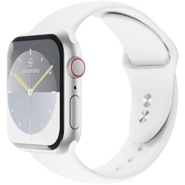 Imagem de Sinjimoru Pulseiras de silicone para Apple Watch, alças de pulso ajustáveis de silicone para Apple Watch Band para Apple Watch Series 7/6/SE/5/4. Pulseira de silicone para Apple Watch 42/44 mm branca