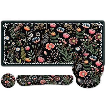 Imagem de NXZGO Tapete De Mesa Com Flores, Mouse Pad Grande 4 Em 1 Apoio Para Pulso, Mesa, Mousepad Ergonômico Antiderrapante Xxl Suporte Teclado E Flores Pretas Ervas Daninhas