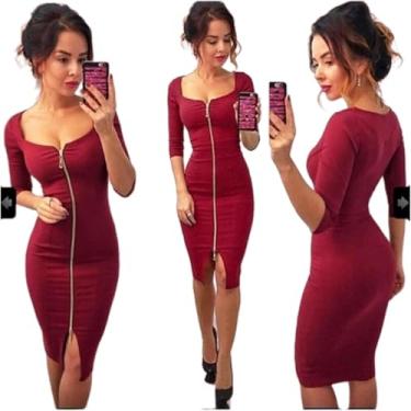 Imagem de Vestidos Preto Manga Longa Vestido De Festa Bodycon Vestido Bainha Mulheres Frente Vestido Com Zíper Completo Femme Lápis Apertado, Red, S
