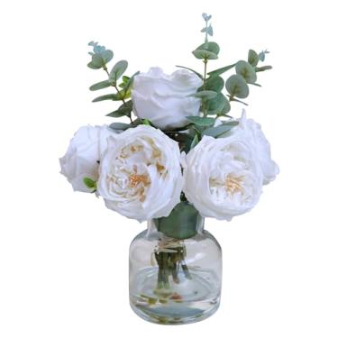 Imagem de Forlaoers Arranjos de flores de seda florais de rosas brancas modernas, buquê de flores artificiais com vaso em centros de água falsos para decoração de mesa de jantar central, decoração de casa de