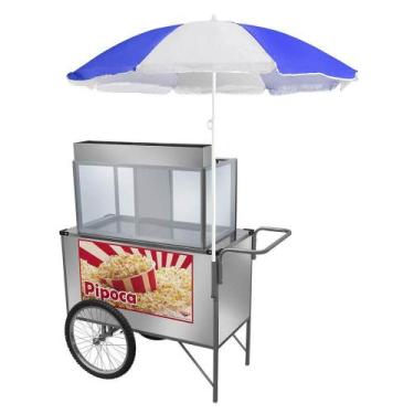 Imagem de Carrinho de Pipoca Cefaz Simples Inox Rodas de Bicicleta e Guarda Sol 