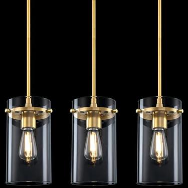 Imagem de Doraimi Lighting Pacote com 3 Candeeiros Pendentes Modernos de Cozinha Ilha de 14 cm Lâmpada Pendente de Sombra de Vidro Transparente, Acabamento em Bronze Escovado, Luminária Pendurada para Casa de