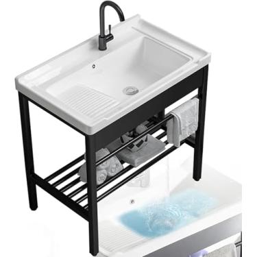Imagem de Pia De Serviço Público De Cerâmica Autônoma Com Pernas De Pedestal De Aço Inoxidável Suporte De Pia De Vaidade Prateleira De Armazenamento De Console Resistente Pia, 81×48×83cm