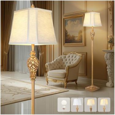 Imagem de Luminária de chão vintage com luz noturna, luminária de pé de 165 cm de altura com sombra de tecido de linho branco, acabamento dourado antigo, luz de canto de leitura elegante para sala de estar