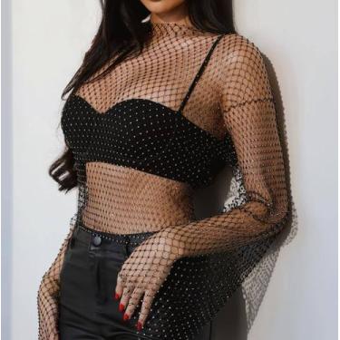 Imagem de B0405-Blusa Top Cropped Transparência Manga Longa Strass Brilho Pedrar