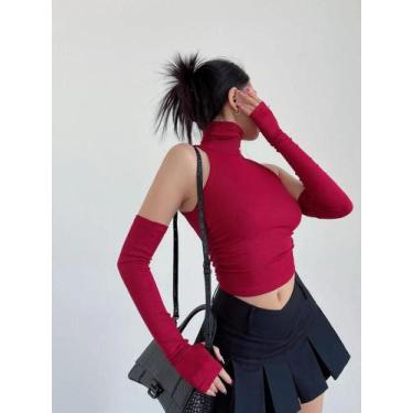 Imagem de Top Cropped Plissado De Gola Alta Feminino Primavera Verão Sexy Estilo