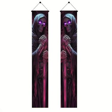 Imagem de BlissYard Faixa de porta do Ceifador de Halloween 30,5 x 188 cm Faixa vertical para pendurar na porta da frente para ambientes internos e externos decorações assustadoras morte caveira foice fantasia