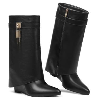 Imagem de CYNLLIO Botas de tubarão dobrável para panturrilha larga coberta salto cunha tornozelo botas de dedo amêndoa com zíper lateral cadeado decorativo, Preto, 39