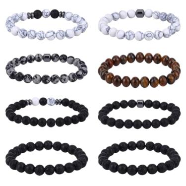 Imagem de GOMAKERER 8 pulseiras de olho de tigre, 2 conjuntos de pulseiras de pedra natural de 8 mm, pulseira elástica com contas pretas, pulseira de dolomita de rocha vulcânica para homens e mulheres