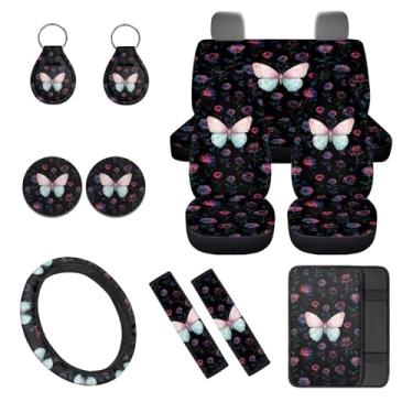 Imagem de Horeset Butterfly Rose 12 peças de capas de assento de carro conjunto completo com capa de volante, capas de cinto de segurança suporte de copo console central com chaveiro ajuste universal para