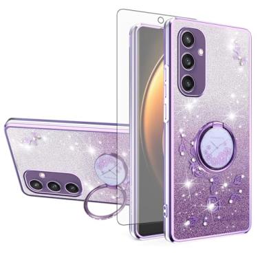 Imagem de Asuwish Capa de telefone para Samsung Galaxy S25 5G com protetor de tela de vidro temperado suporte de anel com glitter transparente híbrido à prova de choque TPU capa protetora S 25 25S SM-S931U