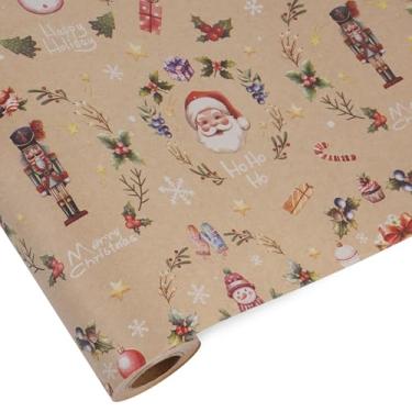 Imagem de RayofSun Rolo jumbo de papel de embrulho de Natal Kraft 76 cm x 9,8 m, Papai Noel de Natal, bonecos de neve, quebra-nozes Rolos de papel de embrulho de presente de Natal vintage