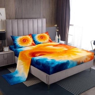 Imagem de Jogo de lençol infantil amarelo azul tie dye, abstrato, aquarela, 4 peças, arte tie-dye microfibra macia, 1 lençol de cima, 1 lençol com elástico alto, 2 fronhas (tamanho king)