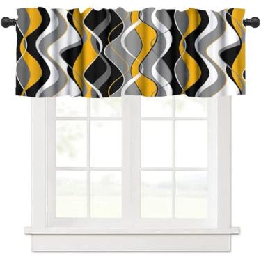 Imagem de Cortinas de cozinha amarelas, pretas e cinza, cortinas curtas geométricas listradas abstratas, cortinas de decoração de cozinha abstrata moderna para sala de estar, quarto, banheiro, 137 x 45 cm