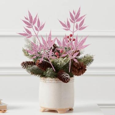 Imagem de Folhas de Natal com glitter, folhas, caules, folhas de bambu artificiais, decoração de guirlanda de Natal, buquês, centro de mesa, decoração rosa