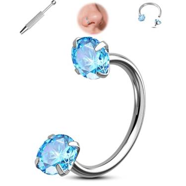 Imagem de Jewseen Anel de nariz de titânio 20G para mulheres 316L aço cirúrgico zircônia cúbica dupla 6 mm rosca interna Helix Daith Tragus brinco piercing de septo para mulheres