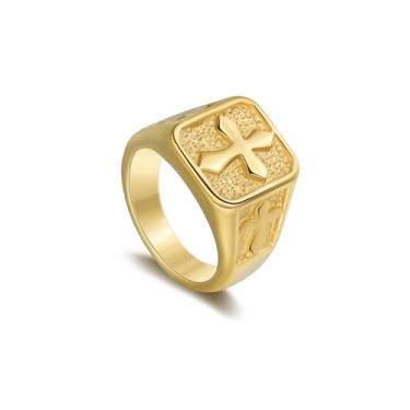 Imagem de Anel masculino de cruz de aço inoxidável, anel moderno quadrado para joias masculinas com design de cruz 3D em ouro/preto/aço/aço - cor dourada tamanho 6-15, Sem pedra preciosa