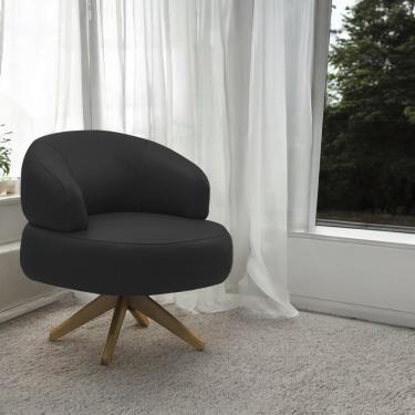 Imagem de Poltrona Decorativa Katy Sala De Estar Base Giratória Em Madeira Couro Preto G88 - Gran Belo