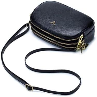 Imagem de Bolsa transversal feminina de couro legítimo com três zíperes, simples, pequena, para celular