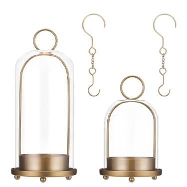 Imagem de VAUWINEK Conjunto de 2 castiçais Hurricane de metal e 10 cm com cúpula transparente para vela de pilar, mesa de casamento e Natal, decoração de casa de fazenda (latão, grande e pequeno)