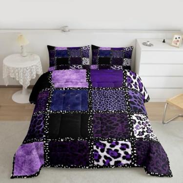 Imagem de Erosebridal Conjunto de edredom solteiro com estampa de leopardo roxo para crianças, meninos e meninas, textura de pele de animal, enchimento de edredom geométrico de patchwork, conjunto de cama de