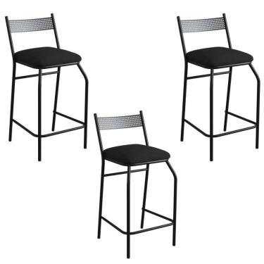 Imagem de Kit 03 Banquetas Alta Com Encosto Ibiza Industrial Para Balcão Cozinha Corino Preto - Aurora Line