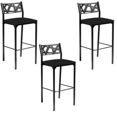 Imagem de Kit 03 Banquetas Alta Com Encosto Luiza Gourmet Para Balcão Cozinha Suede Preto - Aurora Line