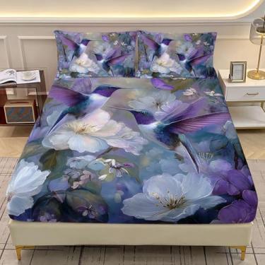 Imagem de AILONEN Jogo de cama infantil casal de beija-flor, estampa floral de beija-flor e 2 fronhas, conjunto de lençol com elástico para decoração de quarto e flores de jardim, 3 peças para meninas e meninos