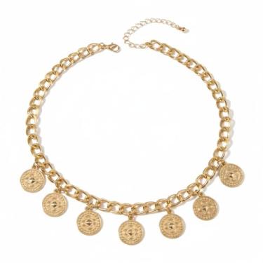 Imagem de INENIMARTJ Colar grosso de ouro para mulheres, boêmio, corrente grossa, disco circular, pingente de moeda, gargantilha étnica, delicada, colar de ouro, joia para mulheres, Large, Ferro, Sem Pedra