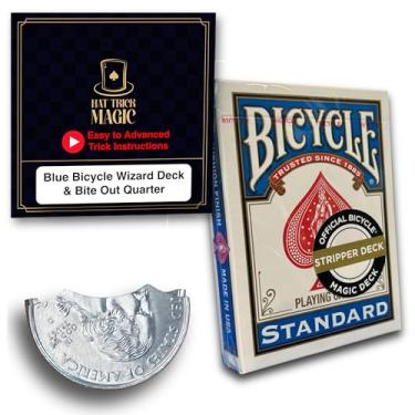 Imagem de Hat Trick Magic Blue Back Wizard Stripper Deck and Bite Out Quarter Trick Kit Includes Replacement Rubber Bands