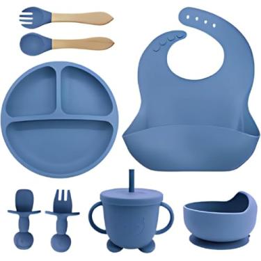 Imagem de Kit Introdução Alimentar Bebê 8 Peças Prato + Bowl Babador Copo + Tampa com Canudo + 2 Talheres + 2 Talheres Ponta Silicone Cabo de Madeira 100% Silicone Antitóxico Premium (Azul)