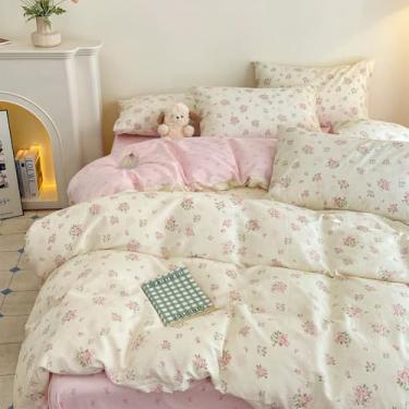 Imagem de Jolusere Capa de edredom floral, tamanho solteiro, 2 peças, reversível, com laço rosa, roupa de cama para meninas, estilo princesa fofa, capa de edredom respirável ultra macia com 1 fronha, zíper