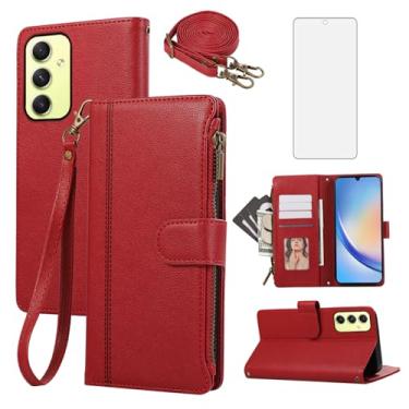 Imagem de Asuwish Capa de celular para Samsung Galaxy A34 5G com zíper carteira celular com protetor de tela de vidro temperado alça transversal cordão suporte de cartão de crédito couro A 34 34A mulheres