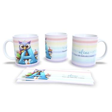 Imagem de Caneca de Cerâmica com Design de Coruja e Livros, 325ml, Decorativa para Professores, com Mensagem Motivacional em Português (A)