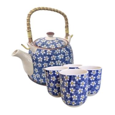 Imagem de Bule de Chá em Porcelana com Infusor e Alça de Madeira + 4 Copos 150ml – Jogo de Chá Floral Decorativo(Azul Floral)