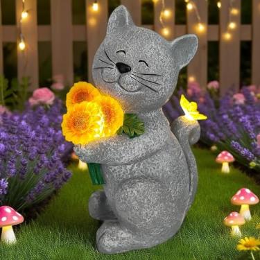 Imagem de Cinsenten Estátua de jardim de gato solar fofa de 25,4 cm com luz LED de girassol e borboleta, estatuetas de gato de resina à prova d'água para decoração de quintal, gramado, presente de aniversário